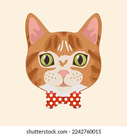 Cute orange and white cat head with bowtie cartoon illustration. Stylish animal face or muzzle. Hipster kitten wearing modern or trendy accessory. Pet, fashion concept