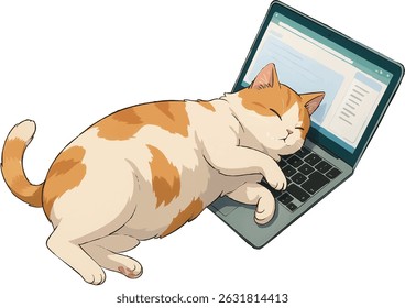 Gato branco e laranja bonito dormindo em uma ilustração de laptop