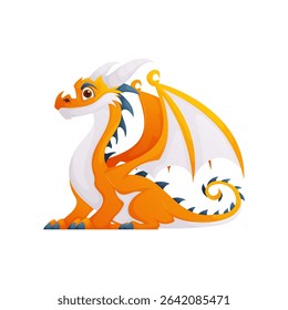 Cute orange and white dragon cartoon illustration. Sitting down and looking left, isolated on white background. Features detailed scales, horns, and wings.
