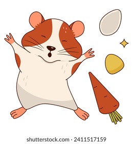 Cute orange and white hamster stretches and yawns, carrots, corn kernels, pumpkin seeds. Isolated on a white background. Vector flat illustration.