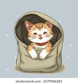 A cute orange and white kitten with a red collar is peeking out of a green bag. The background is a soft blue with small white dots resembling snowflakes.