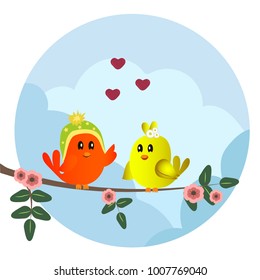 Cute orange and yellow birds sitting on a branch with flowers. Cute sparrows in love on sky background