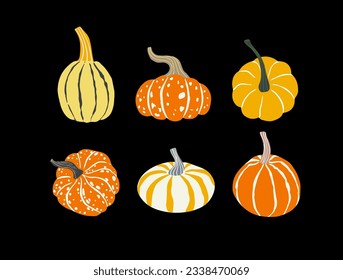 Calabazas decorativas de color naranja y amarillo, de varias formas. Otoño, Acción de Gracias, Halloween, conjunto de elementos de cosecha. Ilustración de calabaza dibujada a mano.