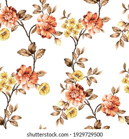 cute orange and yellow vector flowers with brown leaves pattern of white