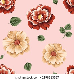 flores de los vectores lindos naranja y amarillo con un patrón de hojas verdes en fondo rosa