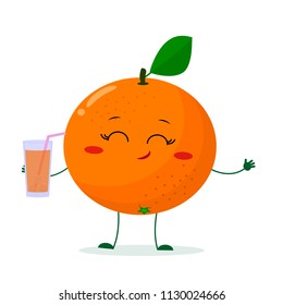 Cute Orangecartoon character holding a glass with juice. Vector illustration, a flat style.