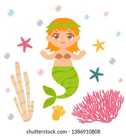 Cute orange-haired mermaid in the sea among corals isolated on white background. Fairy-tale character. Vector illustration in cartoon style