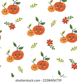 Cute oranges character seamless pattern. Oranges with smiley face and flowers. Creative texture for fabric, packaging, textiles, wallpaper, clothing. Vector illustration for kids. Cute fruit 