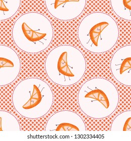 Cute oranges polka dot vector illustration. Seamless repeating pattern. Hand drawn kawaii dotty segment background. 1950's style retro kitchen decor, kids textiles, 5aday fruit all over print.
