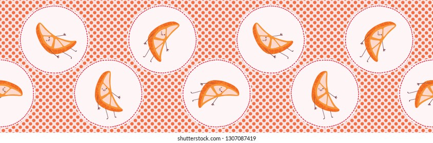Cute oranges polka dot vector illustration. Seamless repeating border pattern. Hand drawn kawaii dotty segment edging background. 1950's style retro kitchen decor, kids 5aday fruit washi tape.
