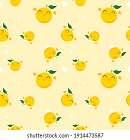 Cute oranges seamless pattern on light background for kids. Friendly kawaii cartoon fruits pattern. Hugs, friends. Vector illustation background.