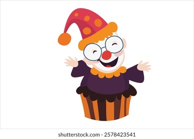 Cute orange-themed clown cupcake character with a festive hat and a red clown nose, perfect for April Fools celebrations.