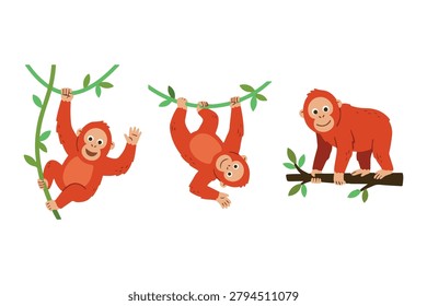 Cute Orangutan Climbing and Swinging Vector Set, Flat Cartoon Baby Orang Utan Primate Element Pack for Patterns