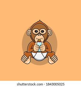 cute orangutan drinking milk vector illustration