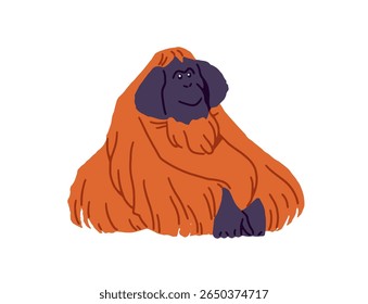 Cute orangutan sits. Funny orange monkey, primate smiles. Exotic animal of rainforest relaxes. Character of tropical jungle with happy face. Flat hand drawn isolated vector illustration on white