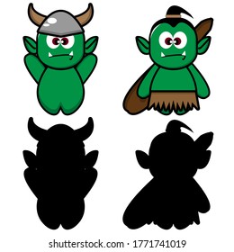 Cute orc with silhouette set collection. vector cartoon illustration design. isolated on white background.