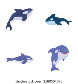 Cute orca icons set cartoon vector. Little cartoon killer whale. Whale orca, sea predator