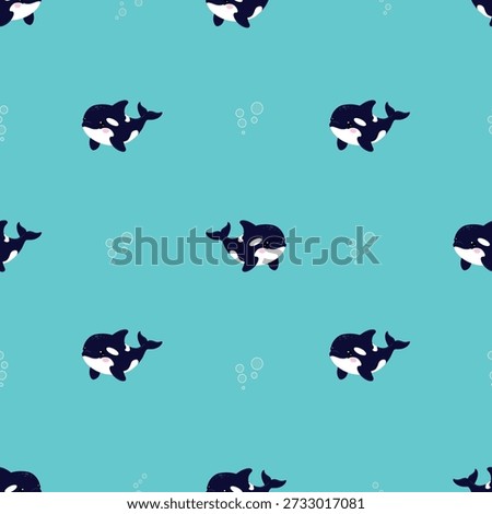 Cute orca killer whale seamless pattern with bubbles on blue