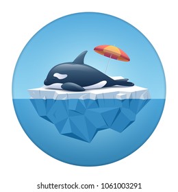 Cute Orca or the killer whale sleeping on the iceberg in the white circle frame. Iceberg with above and underwater view in the ocean. Summer background concept. Vector illustration