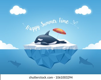 Cute Orca or the killer whale sleeping on the iceberg with beach umbrella and message “Happy Summer Time”. Iceberg with above and underwater view. Whales swim in the ocean. Summer background concept. 