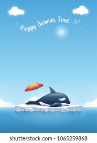 Cute Orca or the killer whale sleeping on the iceberg floating in a blue ocean with a message “Happy Summer Time”. Summer background concept. Vector illustration.