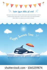 Cute Orca or the killer whale sleeping on the iceberg floating in a blue ocean with a text message and hanging ribbons on clouds on top. Summer background concept. Vector illustration.