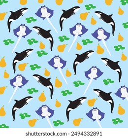 cute orca, stingray with fruit and leaf as a pattern background