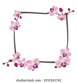 Marco de orquídeas o postal de flores. Composición de floración rosada primavera con brotes y hojas. Decoración festiva para boda, vacaciones, postal, afiche. Ilustración del vector