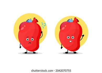 Cute organ heart character with confused and happy expression
