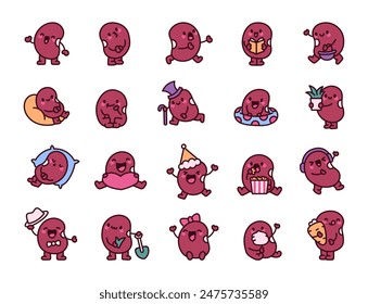 Cute organic bean seed character. Funny cartoon food. Hand drawn style. Vector drawing. Collection of design elements.