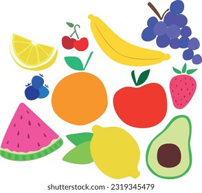 Cute Organic Flat Illustration Colection of Colorful Healthy Fresh Fruits