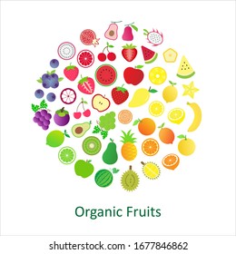 Cute organic fruit flat icon collection set isolated on white background.Vector.Illustration.