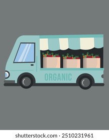 Cute Organic Illustration with Shop Truck and Vegetables