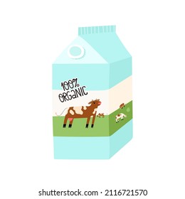 Cute organic milk in a carton box pack with happy cows on a meadow. Vector hand-drawn isolated illustration with lettering.