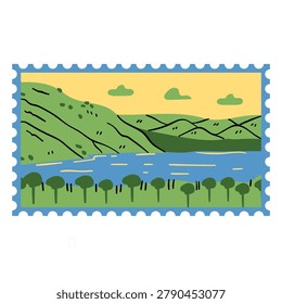 Cute organic stamp featuring Lake Toba, Indonesia, with a charming and natural illustration style