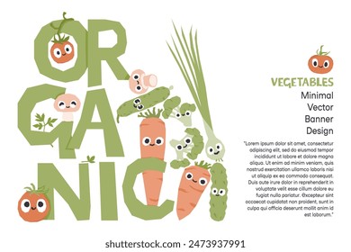 Cute organic vegetables characters banners for farmers market. Vector illustration with copyspace. Ecological agriculture production fair invitation, card, background