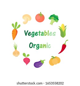 Cute organic vegetables flat icon (eggplant ,beetroot ,onion ,carrot ,champignon mushroom ,tomato ,broccoli ,corn ,chili ,pumpkin) with text isolated on white background.Vector.Illustration.