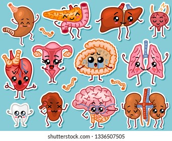 Cute organs. Happy human, Set of smiling characters. Vector pins, cartoon kawaii icons. Healthy heart, stomach, liver, bladder, uterus organ, lungs, kidneys, gallbladder, intestine, pancreas, brain.