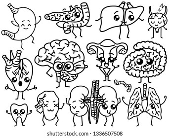Cute organs. Happy human, Set of smiling characters. Vector pins, cartoon kawaii icons. Healthy heart, stomach, liver, bladder, uterus organ, lungs, kidneys, gallbladder, intestine, pancreas, brain.