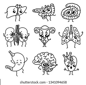 Cute organs. Happy human, Set of smiling characters. Vector pins, cartoon kawaii icons. Healthy heart, stomach, liver, bladder, uterus organ, lungs, kidneys, gallbladder, intestine, pancreas, brain.