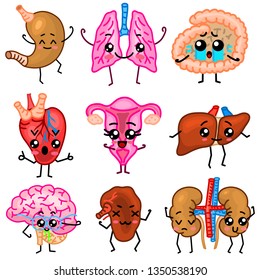 Cute organs. Happy human, Set of smiling characters. Vector pins, cartoon kawaii icons. Healthy heart, stomach, liver, bladder, uterus organ, lungs, kidneys, gallbladder, intestine, pancreas, brain.