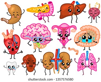 Cute organs. Happy human, Set of smiling characters. Vector pins, cartoon kawaii icons. Healthy heart, stomach, liver, bladder, uterus organ, lungs, kidneys, gallbladder, intestine, pancreas, brain.