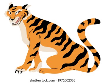 Cute oriental or asian cartoon style tiger isolated on white background. Fashionable fabric or textile print design. Big beautiful wild cat sitting symbol of new year.