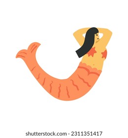 Cute Oriental chubby mermaid with long hair happily dancing, Asian seamaid enjoys her body, relaxing swimming, exercising. Self-confidence, body positive, diversity vector illustration.