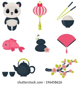 Cute oriental culture icons set. Isolated over white vector illustrations. 