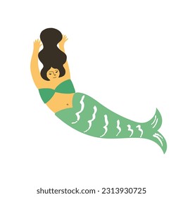 Una sirena oriental adorable bailando con las manos arriba debajo de la cabeza, una costurera asiática disfruta de su vida, yay, nadando alegremente. Criatura mítica del cuento de hadas, ilustración aislada del vector dibujado a mano.