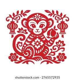 cute oriental monkey paper cut art