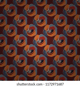 Cute oriental seamless paisley pattern. Vector striped seamless pattern with poppy flowers. Floral wallpaper in blue, brown and orange colors. Decorative ornament for fabric, textile, wrapping paper.