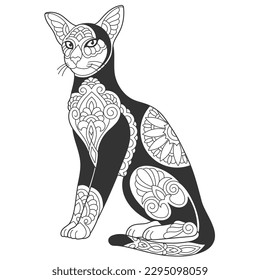 Cute oriental shorthair cat design. Animal coloring page with mandala and zentangle ornaments