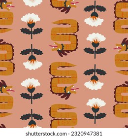 Cute oriental vector seamless pattern with hand-drawn dragons and lotus flowers. Indonesian-style, Asian Folklore snake or dragon and abstract flowers repeat for fabric, wallpaper, wrapping paper.